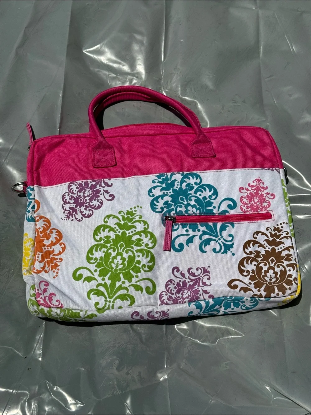 Pink Top-Handle Laptop/Tablet Tote with Multicolor Damask Print *Brand New*